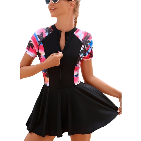 FEOYA Women's Rash Guard Swimsuit One-Piece Athletic Swim Dress with Zip Front & Built-in Shorts