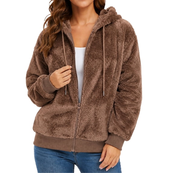 FEOYA Women's Sherpa Fleece Jacket Full Zip Hooded Soft Plush Long Sleeve Warm Winter Hoodie Casual Loose Fit Outerwear M Brown