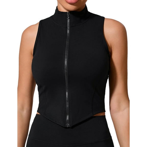 FEOYA Women's Sleeveless Workout Top Zip Up Crop Shirts Ladies Yoga Slim Fit Tank Tops Gym Camis Jackets Active Pilates Vest for Fitness Running Exercise S