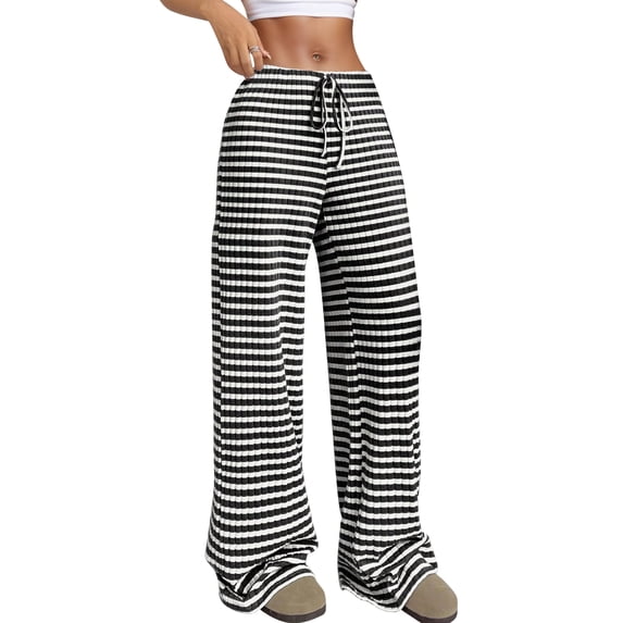 FEOYA Women's Striped Wide Leg Pants Drawstring Elastic Waist Sweatpants Ladies Casual Cotton Pants Knit Baggy Sweatpants Straight Legged Trousers with Pockets Solid Color 2XL