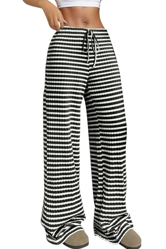 Women's Striped Wide Leg Pants Drawstring Elastic Waist Sweatpants Ladies Casual Cotton Pants Knit Baggy Sweatpants Straight Legged Trousers with Pockets Solid Color 2XL