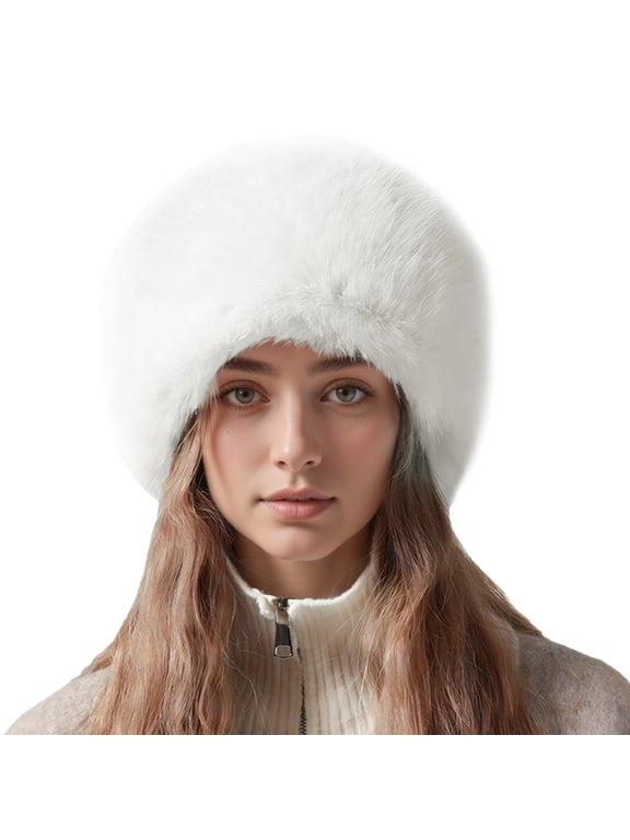 Women's Warm Winter Bucket Hat Plush Fluffy Faux Fur Russian Ushanka Snow Hat Luxury Fuzzy Furry Bucket Hat White