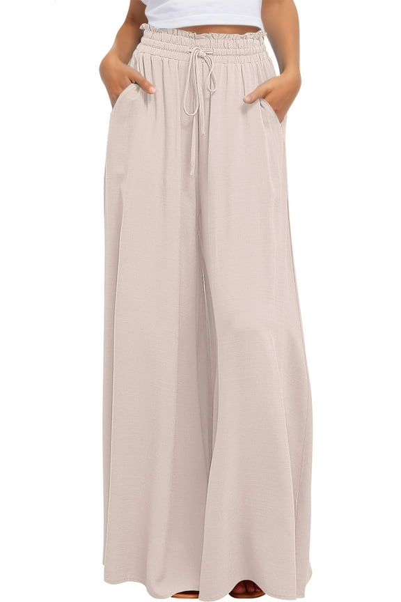Women's Wide Leg Pants Casual Palazzo Pants with Pockets High Waist Flared Trousers Loose Drawstring Pants Elastic Waist Casual Spring Summer L
