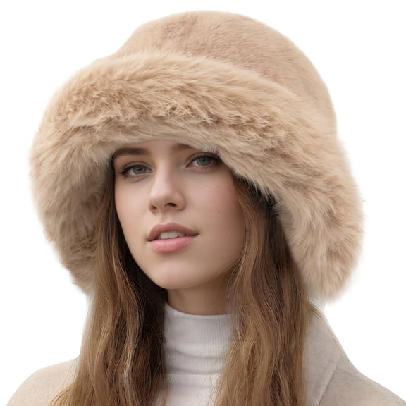 FEOYA Women's Winter Bucket Hat Faux Fur Ladies Winter Russian Bucket Hat Fuzzy Ushanka Snow Cap Furry Pail Cap Warm Fisherman Cap Brown
