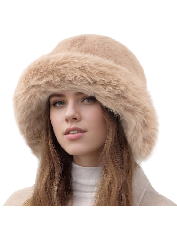 Women's Winter Bucket Hat Faux Fur Ladies Winter Russian Bucket Hat Fuzzy Ushanka Snow Cap Furry Pail Cap Warm Fisherman Cap Brown