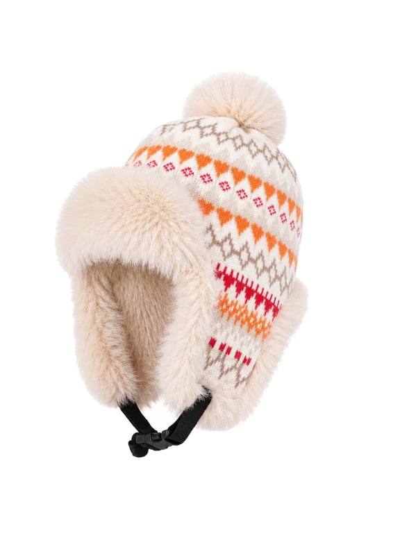 Women’s Winter Fleece Earflap Hat Faux Fur Trapper Cap Jacquard Knit Beanie with Adjustable Buckle Plush Lined for Skiing Camping Hiking Outdoor Wear