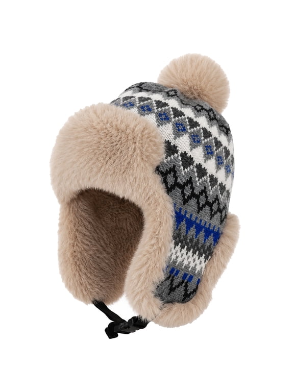 Women's Winter Trapper Hat Faux Fur Ear Flap Fleece Knit Beanie with Pom Pom Adjustable Chin Strap Warm Windproof Ski Hat Jacquard for Snowboarding Hiking Outdoor Cold Weather
