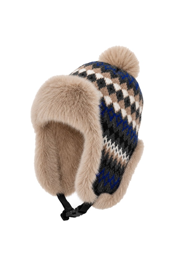 Women's Winter Trapper Hat Faux Fur Ear Flap Knit Beanie Pom Pom Thick Plush Lined Windproof Russian Ushanka Cap Adjustable Strap