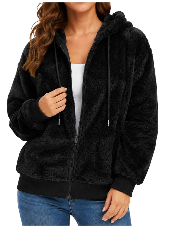 Women's Zip Up Sherpa Hoodie Soft Fuzzy Fleece Jacket Hooded Plush Coat Long Sleeve Warm Casual Winter Outerwear XL Black