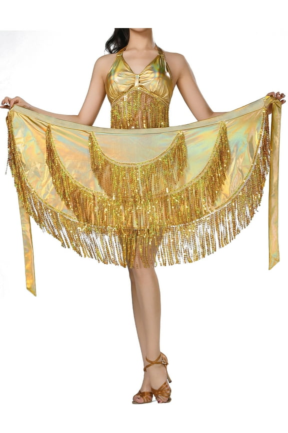 Womens Belly Dance Hip Fringe Scarf Latin Dance Hip Scarf with Tassels Sequins Wrap Scarf Skirt for Music Festival Rave Party Clothing Gold