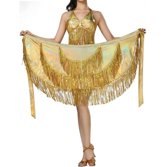 FEOYA Womens Belly Dance Hip Fringe Scarf Latin Dance Hip Scarf with Tassels Sequins Wrap Scarf Skirt for Music Festival Rave Party Clothing Gold