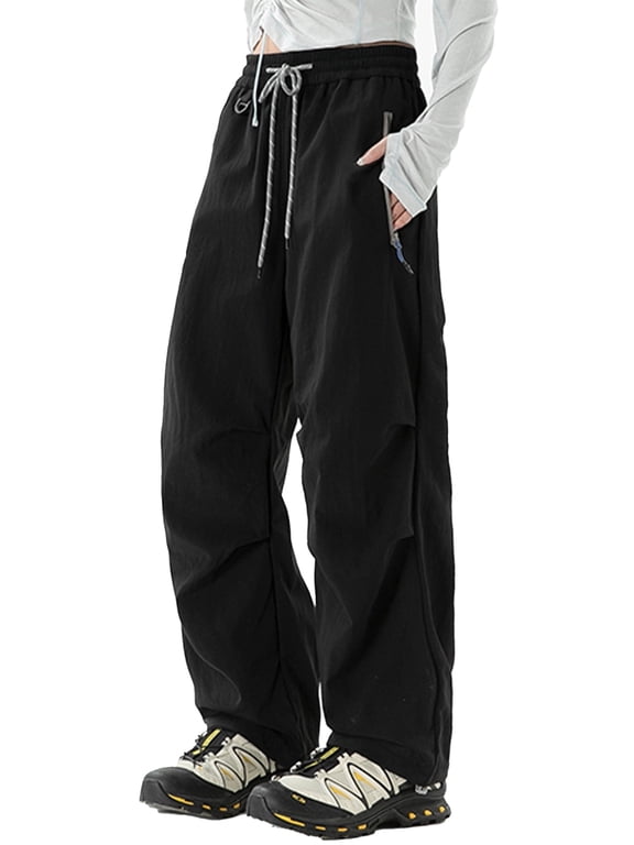 Womens Black Cargo Sweats Hiking Parachute Pants Quick-Dry Y2K Baggy Pants Elastic Drawstring Parachute Outdoor Waterproof Track Pants Streetwear with Zipper Pockets S
