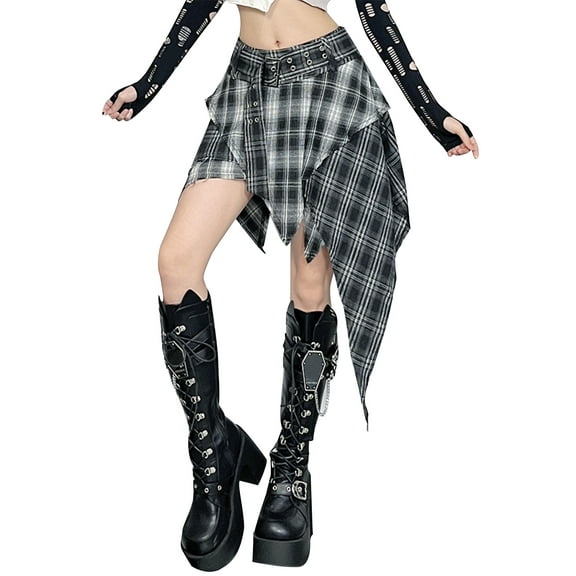 FEOYA Womens Goth Skirt Irregular punk Asymmetrical Skirt Ladies Plaid Pleated Y2K Skirt Grunge Layered Flowy Skirts A Line Mini Gothic Skirts M