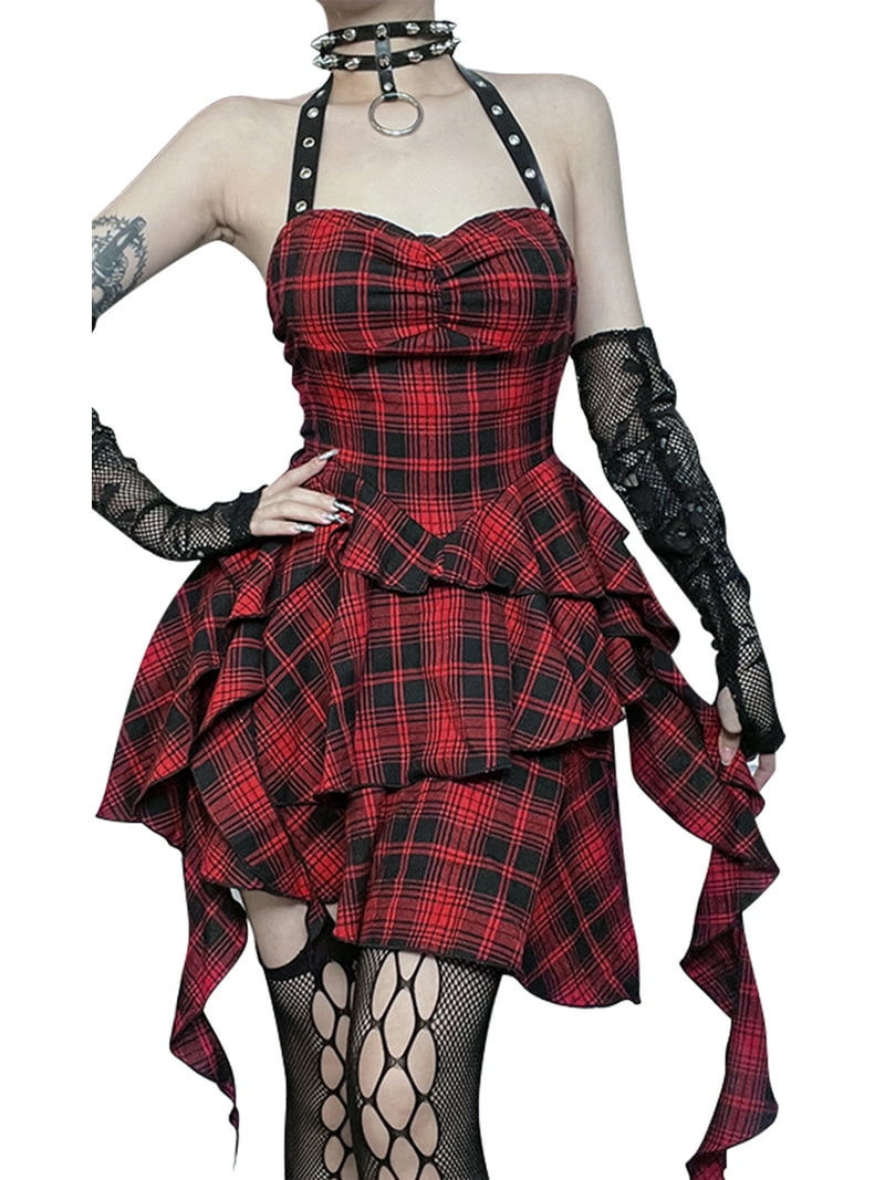 FEOYA Womens Gothic Plaid Dress Punk Goth Dresses Vintage Y2k Dress Red  Steampunk Plaid Dress Irregular Backless Dress Hanging Neck Clothes  Sleeveless High Waisted L - Walmart.com