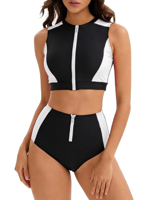 Womens High Waisted Zipper Crop Top Bikini Sets Two Piece Sporty Swimsuit Full Coverage Swimwear Modest Athletic Swimwear XL