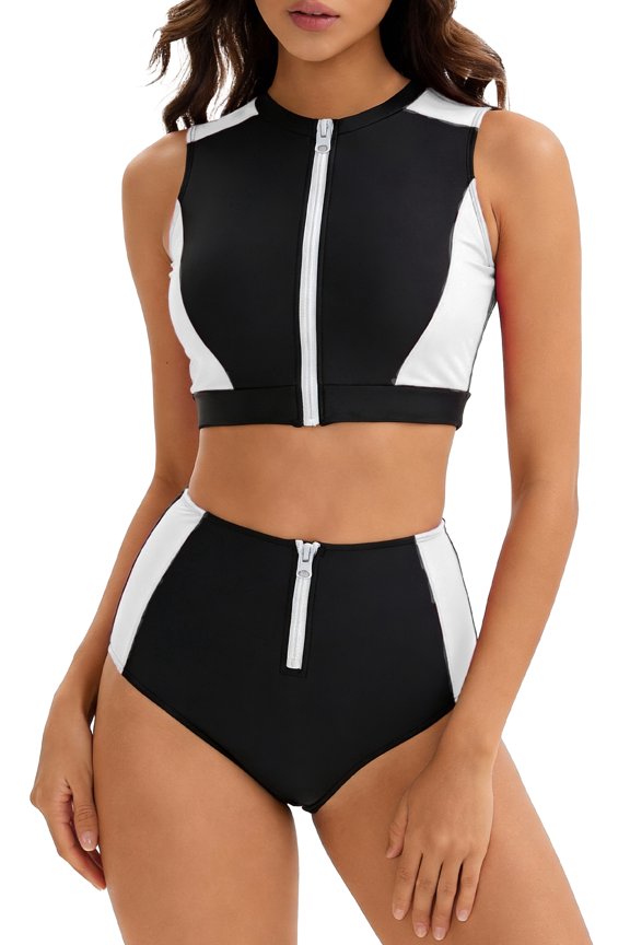 Womens High Waisted Zipper Crop Top Bikini Sets Two Piece Sporty Swimsuit Full Coverage Swimwear Modest Athletic Swimwear XL