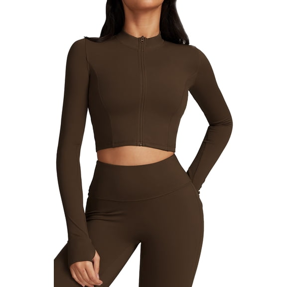 FEOYA Womens Lightweight Jacket Full Zip Active Track Jacket Long Sleeve Athletic Crop Top Workout Slim Fit Yoga Running Sportwear with Thumb Holes M Dark Brown