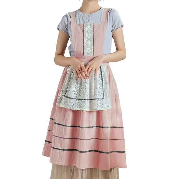 FEOYA Womens Pinafore Apron Dress Cooking Cotton Apron Kitchen Apron Lace Cute Aprons Home Loose Smock for Gardening Chef Baking Art Painting Pink