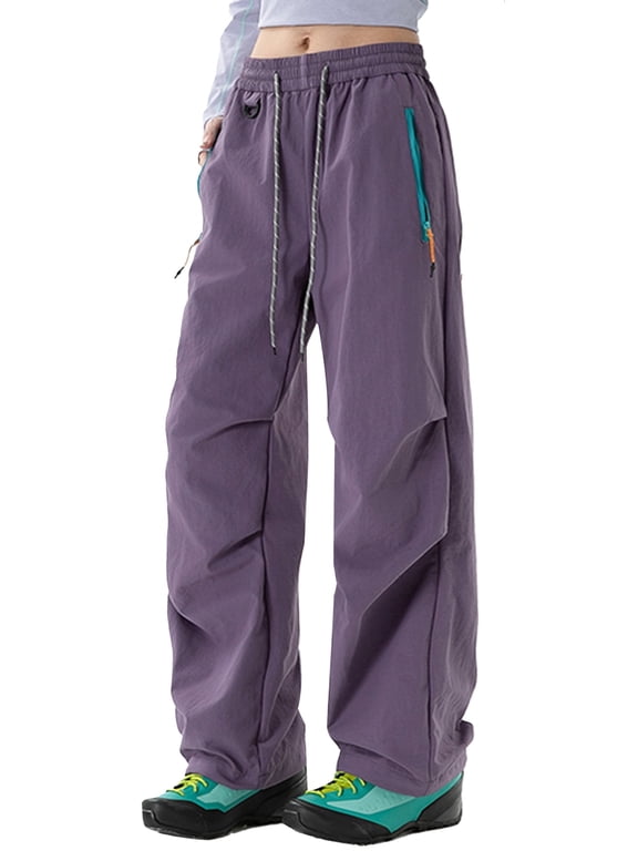 Womens Quick Dry Parachute Pants Waterproof Hiking Cargo Pants Trousers Baggy Track Pants Waist drawstring Y2K Streetwear Outdoor Sweatpants with Zipper Pockets L
