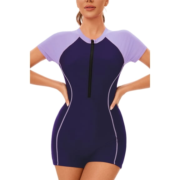 FEOYA Womens Rash Guard One Piece Swimsuit Tummy Control Short Sleeve Boyleg Swimsuit Zipper Front Bathing Suit Athletic Swimwear Built in Bra Summer Beach Swimming 2XL