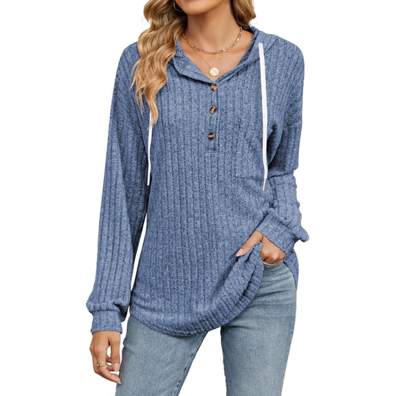 FEOYA Womens Sweatshirt Drawstring Casual Pullover Top Button Down Sweatshirt Loose Hoodies Sweatshirt Long Sleeve Blouse with Pocket Solid Color New Fall Outfit Spring Clothes M