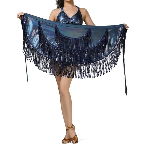 FEOYA Womens Triangle Coins Wrap Scarf Belly Dance Hip Fringe Scarf Latin Dance Hip Scarf Sequins for Tango Samba Cha-cha Salsa Rumba Outfits Blue