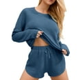 thumbnail image 1 of FEOYA Womens Waffle Pajamas Set 2 Piece Ribbed Knit Lounge Outfits Long Sleeve Top and Shorts Matching Loungewear sleepwear with Pockets L Blue, 1 of 7