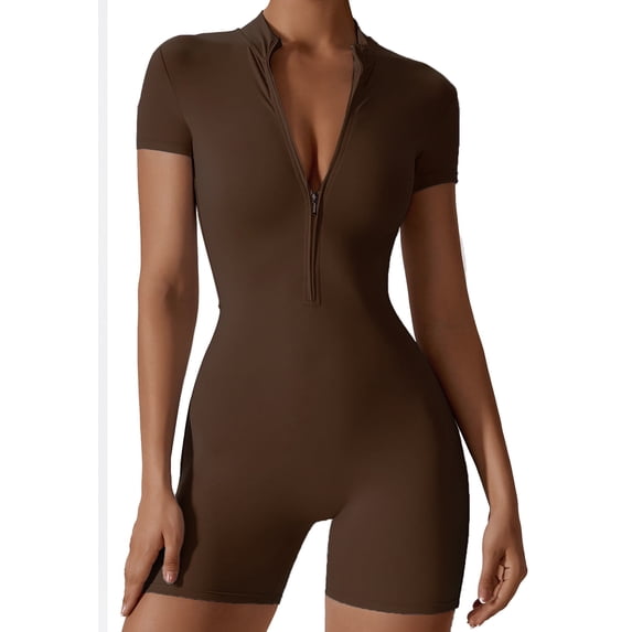 FEOYA Workout Unitard Women Romper Short Sleeve One Piece Yoga Jumpsuit Zip Up Bodysuit Bodycon Dance Athletic Outfits Summer Casual XL