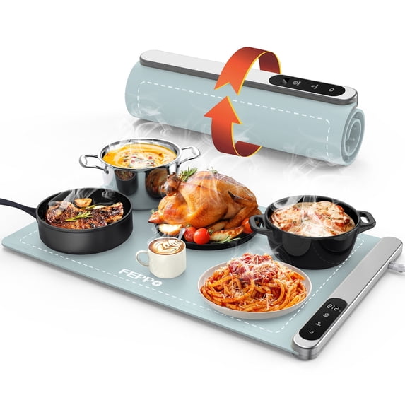 FEPPO Electric Food Warming Mat with 6 Temperature Settings and 6-Hour Timer, 500W Fast Heating, Rollable Warming Tray for Parties & Buffets