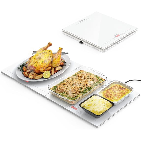 FEPPO Electric Food Warming Tray, 2-in-1 Expandable Modular Buffet Food Warmer, Dual-Zone Independent Temp & Timer Control, 31"x15" Glass Surface, Food Warmers for Parties & Buffet (White)