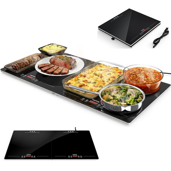 FEPPO Warming Mat for Food, 2-in-1 Expandable Food Warming Tray, Modular Design with Dual-Zone Independent Temp & Timer Control, 31"x15" Glass Surface, Warming Tray for Buffet Parties (Black)