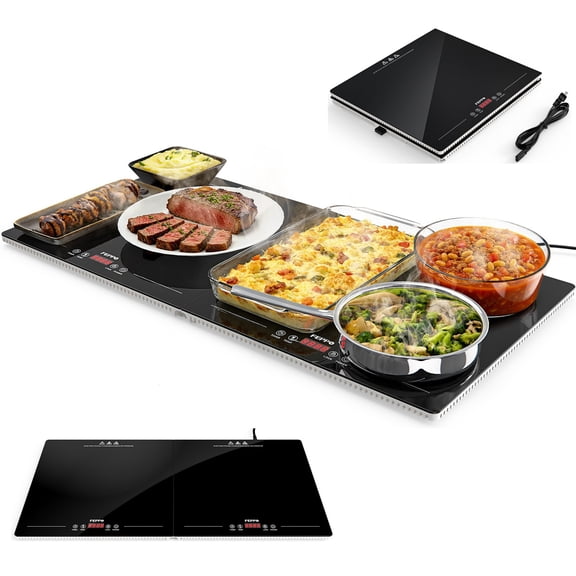 FEPPO Warming Mat for Food, 2-in-1 Expandable Food Warming Tray, Modular Design with Dual-Zone Independent Temp & Timer Control, 31"x15" Glass Surface, Warming Tray for Buffet Parties (Black)