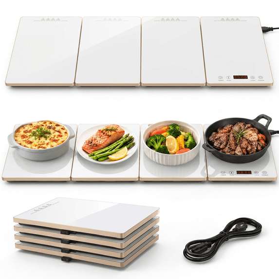 FEPPO Electric Food Warming Tray, 4-in-1 Modular Buffet Food Warmer with 10 Temp Settings & 6-Hour Timer, 33"x15" Glass Surface, Expandable Hot Plates for Parties & Catering (White)