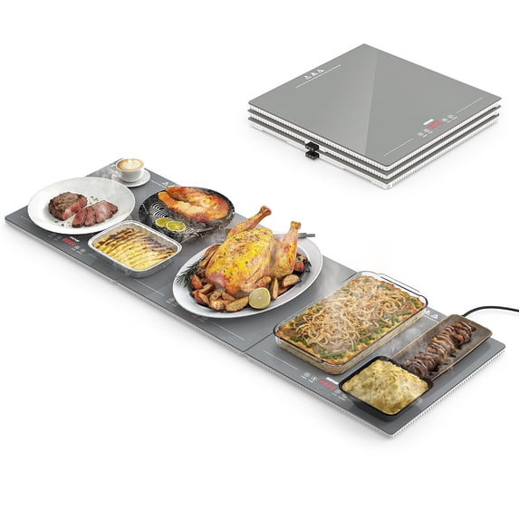FEPPO Electric Warming Tray, 4-in-1 Modular Buffet Warmer with 10 Temperature Levels and 6-Hour Timer, Glass Top, Expandable Design for Parties & Catering
