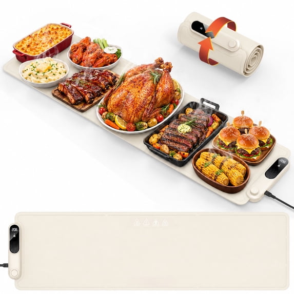 FEPPO Electric Warming Tray, Extra-Long 42" x 12", Fast Full-Surface Heating Warming Mat for Food with 19-Level Adjustable Temperature & 6-Hour Timer, Roll up Food Warmers for Parties Buffet (White)