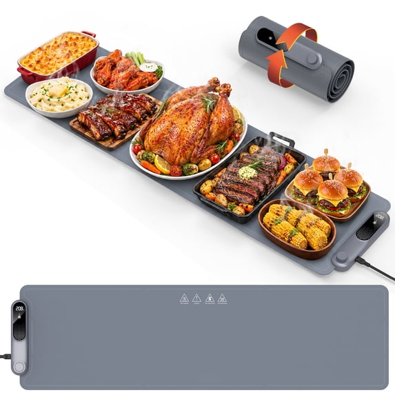 FEPPO Electric Warming Tray, Extra-Long 42" x 12", Fast Full-Surface Heating Warming Mat for Food with 19-Level Adjustable Temperature & 6-Hour Timer, Roll up Food Warmers for Parties Buffet (Gray)