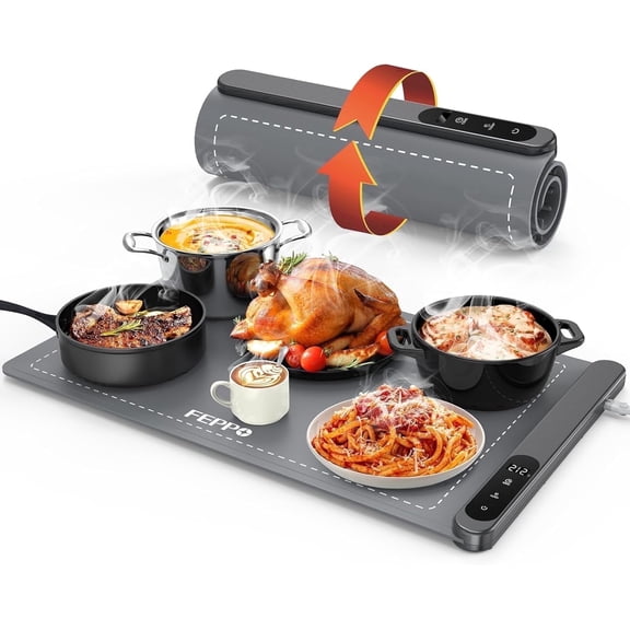 FEPPO Food Warming Mat, Warming Mat for Food with 6-Level Adjustable Temperature & 6-Hour Timer, Upgraded 500W Fast-Heating System, Roll-Up Food Warmer for Parties and Buffets (Gray)