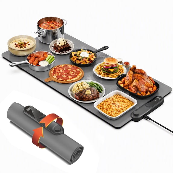 FEPPO Warming Mat for Food, (XXL 35”x16”) Electric Warming Tray with 19 Levels Adjustable Temperature and 6 Hours Timer, 500W Fast Heating, Rollable Large Food Warming Mat for Parties (Gray)