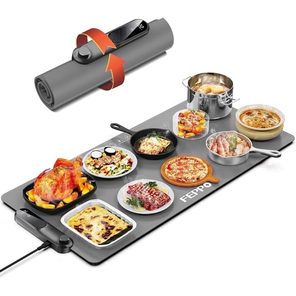 FEPPO Warming Mat for Food, (XXL 35”x16”) Electric Warming Tray with 19 Levels Adjustable Temperature and 6 Hours Timer, 500W Fast Heating, Rollable Large Food Warming Mat for Parties (Gray)