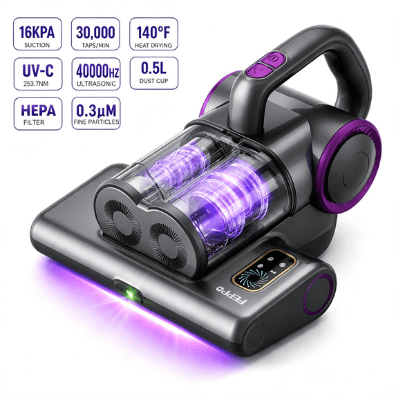 FEPPO Mattress Vacuum Cleaner, 16Kpa Corded Bed Vacuum Cleaner with 253.7nm UV-C Light, 140°F Heat, HEPA Filter & Ultrasonic, 500W Powerful Handheld Vacuums for Bed, Sofa, Couch, Crib (Black)