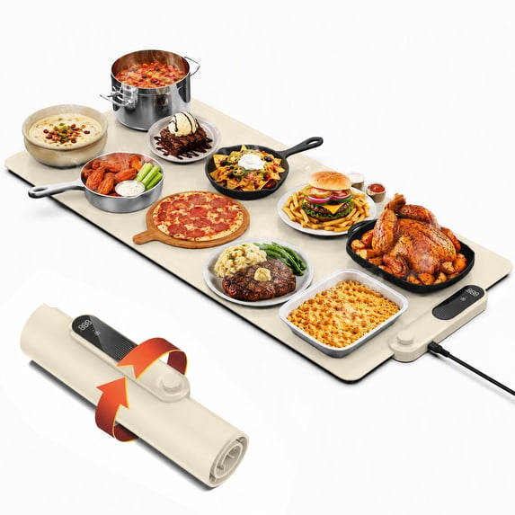 FEPPO Warming Mat for Food, (XXL 35”x16”) Electric Warming Tray with 19 Levels Adjustable Temperature and 6 Hours Timer, 500W Fast Heating, Rollable Large Food Warming Mat for Parties (White)
