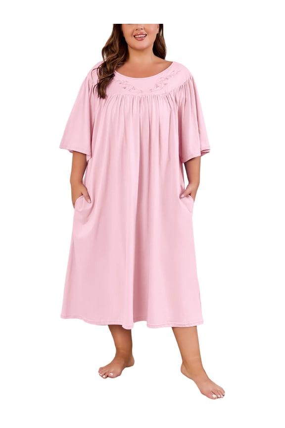 100% Cotton Nightgowns for Plus Size Women Pleated Soft Sleepwear with Pockets