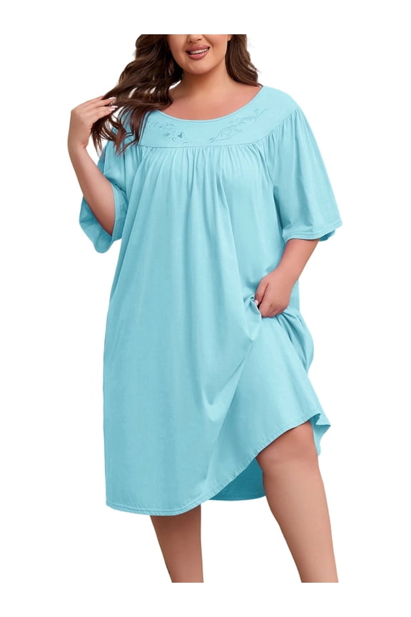 100% Cotton Nightgowns for Plus Size Women Pleated Soft Sleepwear with Pockets