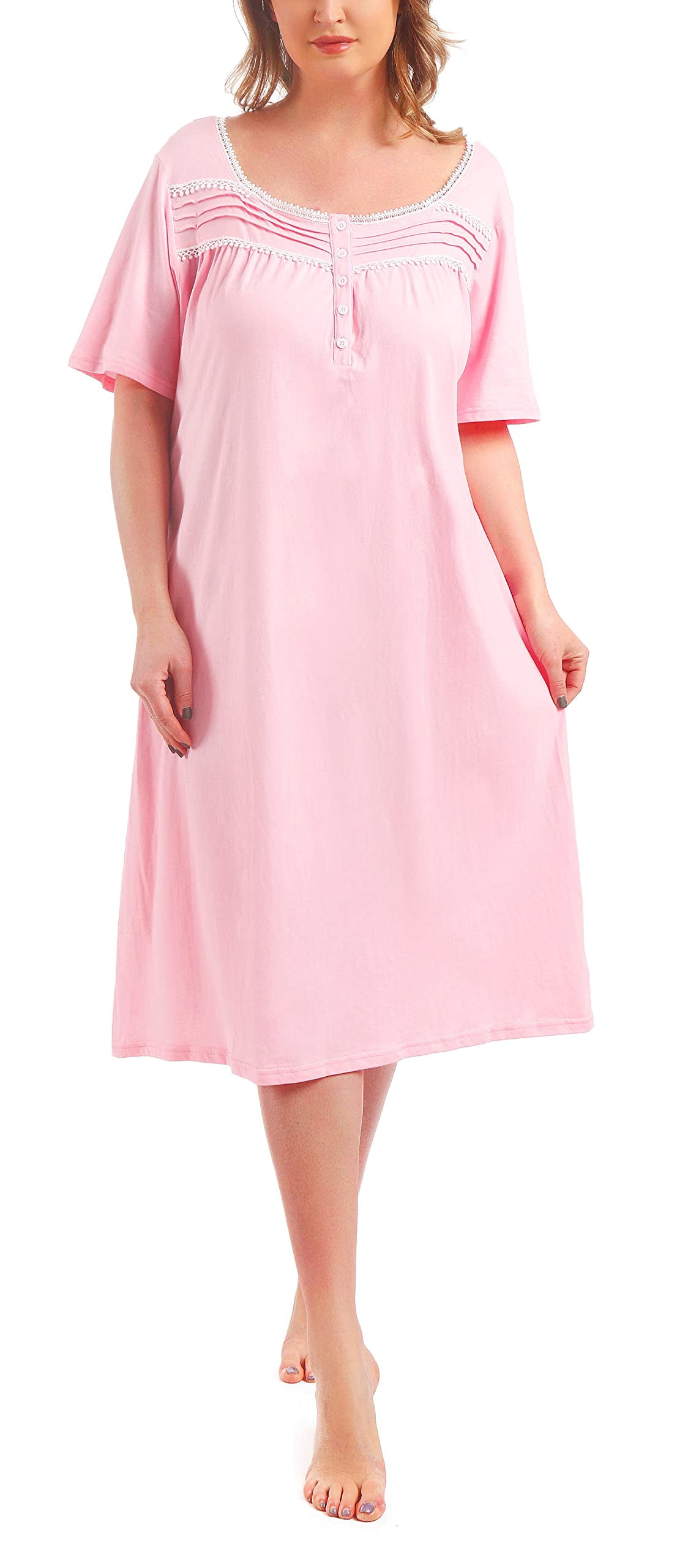 FEREMO 100 Cotton Plus Size Nightgowns For Women Short Sleeve Ladies 