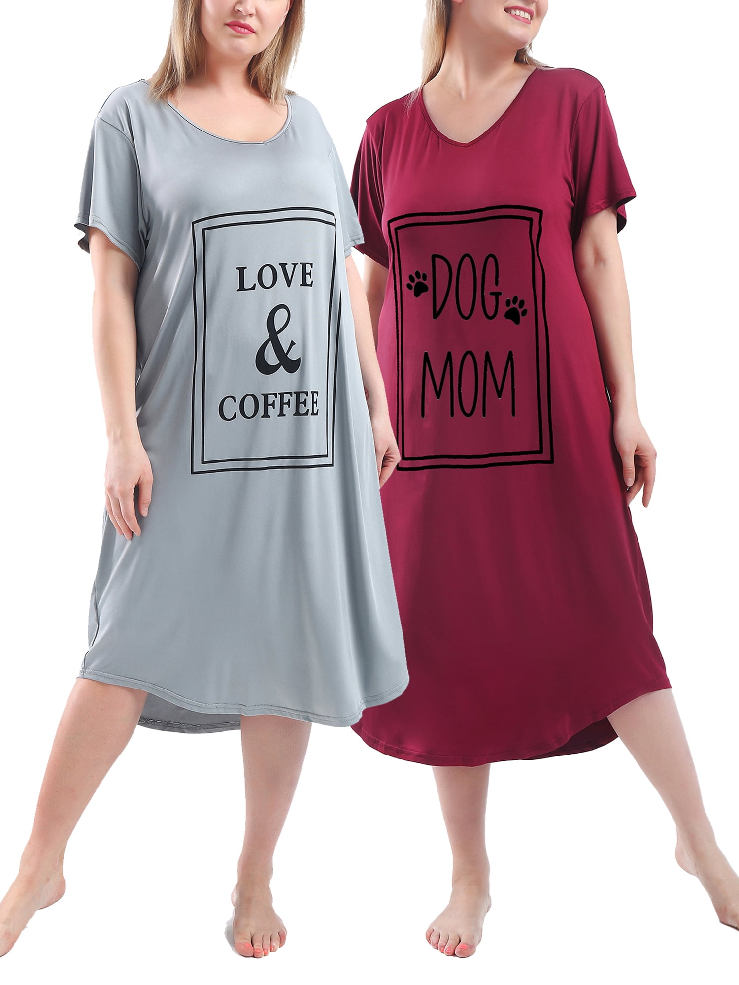 FEREMO 2 Pack Plus Size Nightgowns for Women Short Sleeve Printed ...