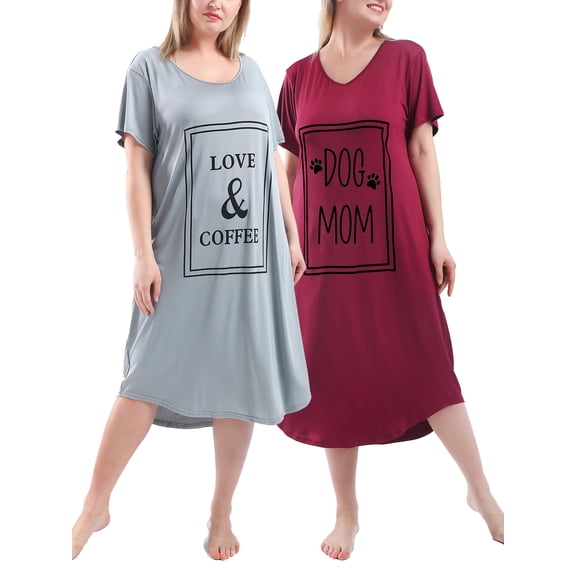 FEREMO 2 Pack Plus Size Nightgowns for Women Short Sleeve Printed Sleepwear Long Comfy Sleep Gown