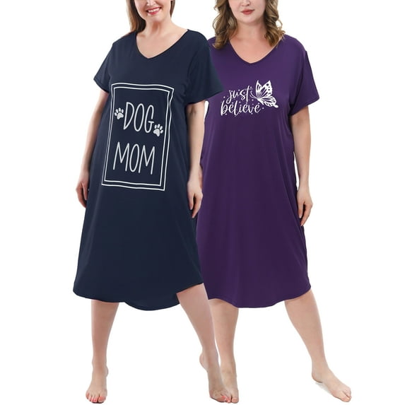 FEREMO 2 Pack Plus Size Nightgowns for Women Short Sleeve Printed Sleepwear Long Comfy Sleep Gown