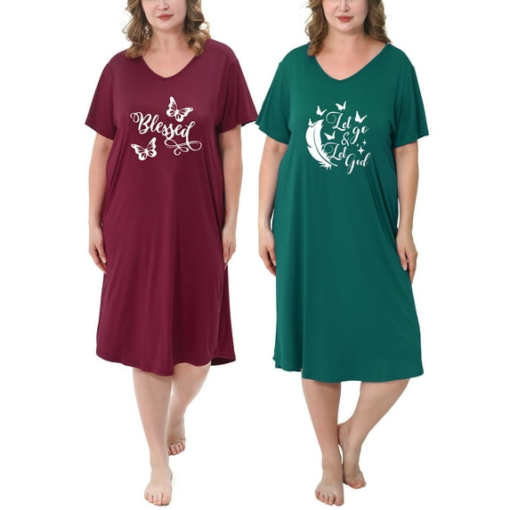 FEREMO 2 Pack Plus Size Nightgowns for Women Short Sleeve Printed Sleepwear