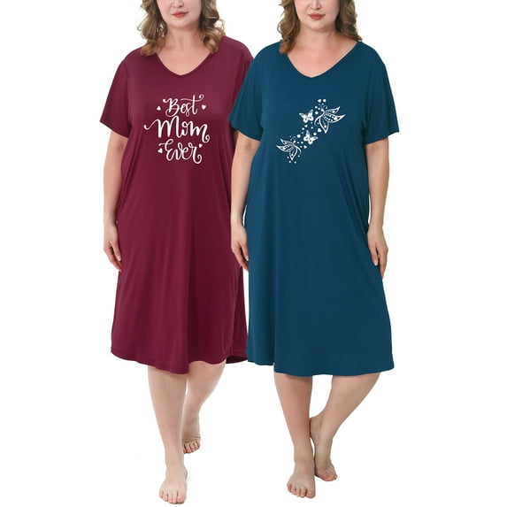 FEREMO 2 Pack Plus Size Nightgowns for Women Short Sleeve Printed Sleepwear