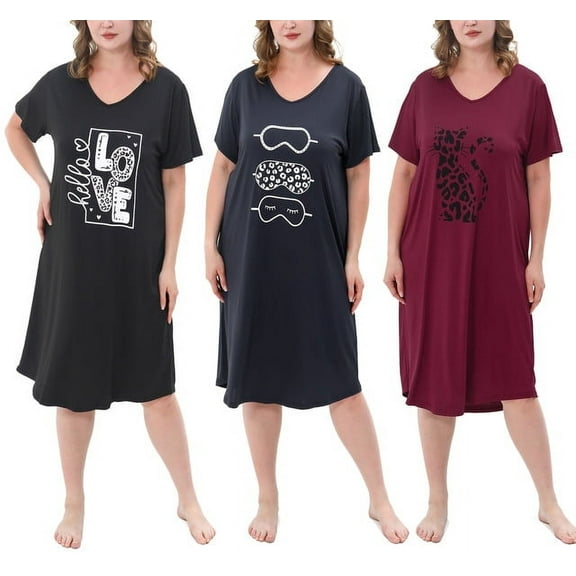 FEREMO 3 Pack Nightgowns for Women Plus Size V Neck Printed Sleepwear Loose Comfy Night Gown